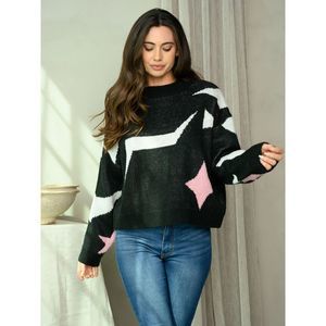 Black White Pink Geometric Print Sweater